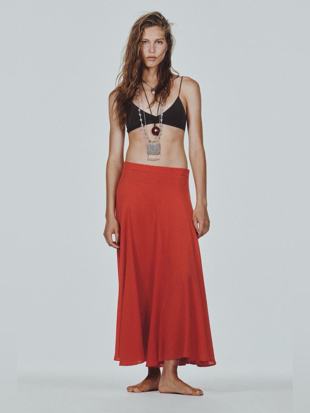 Zara Red Coral Flared Long Maxi Skirt Lyocell NWT L